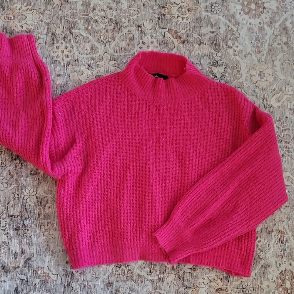 Lulu's Vibrant Pink Cropped Turtleneck Sweater
